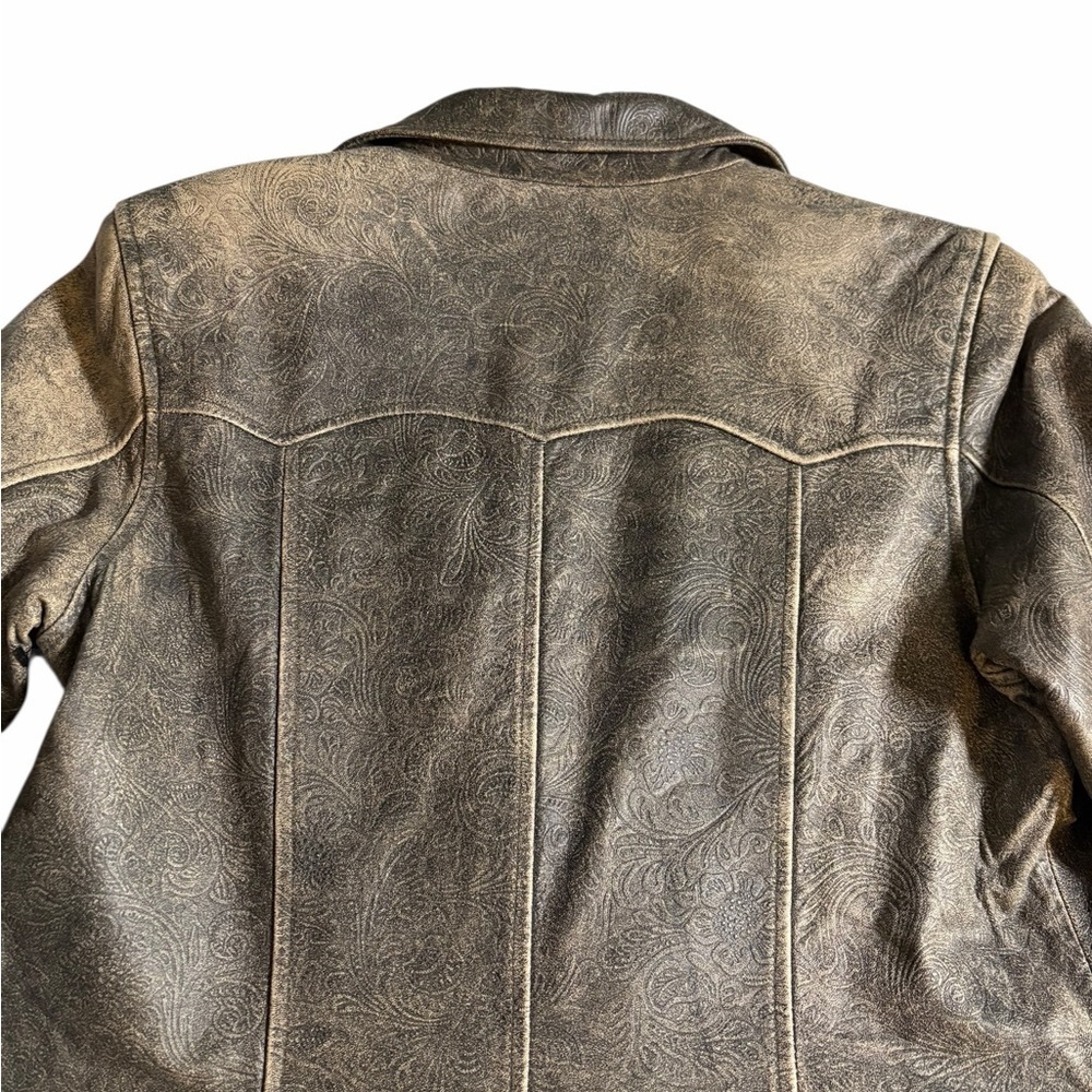 QUE Faux Leather Blazer Jacket – Vintage Distressed Bronze Paisley - Medium - Picture 9 of 11